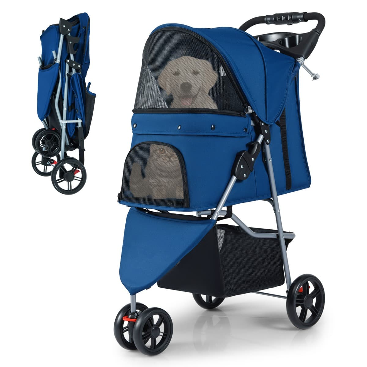 CostwayPoussette pour Animaux Pliable Chariot Léger avec Auvent Réglable Coussin Amovible et Lavable Panier de Rangement Charge 15 KG Argent