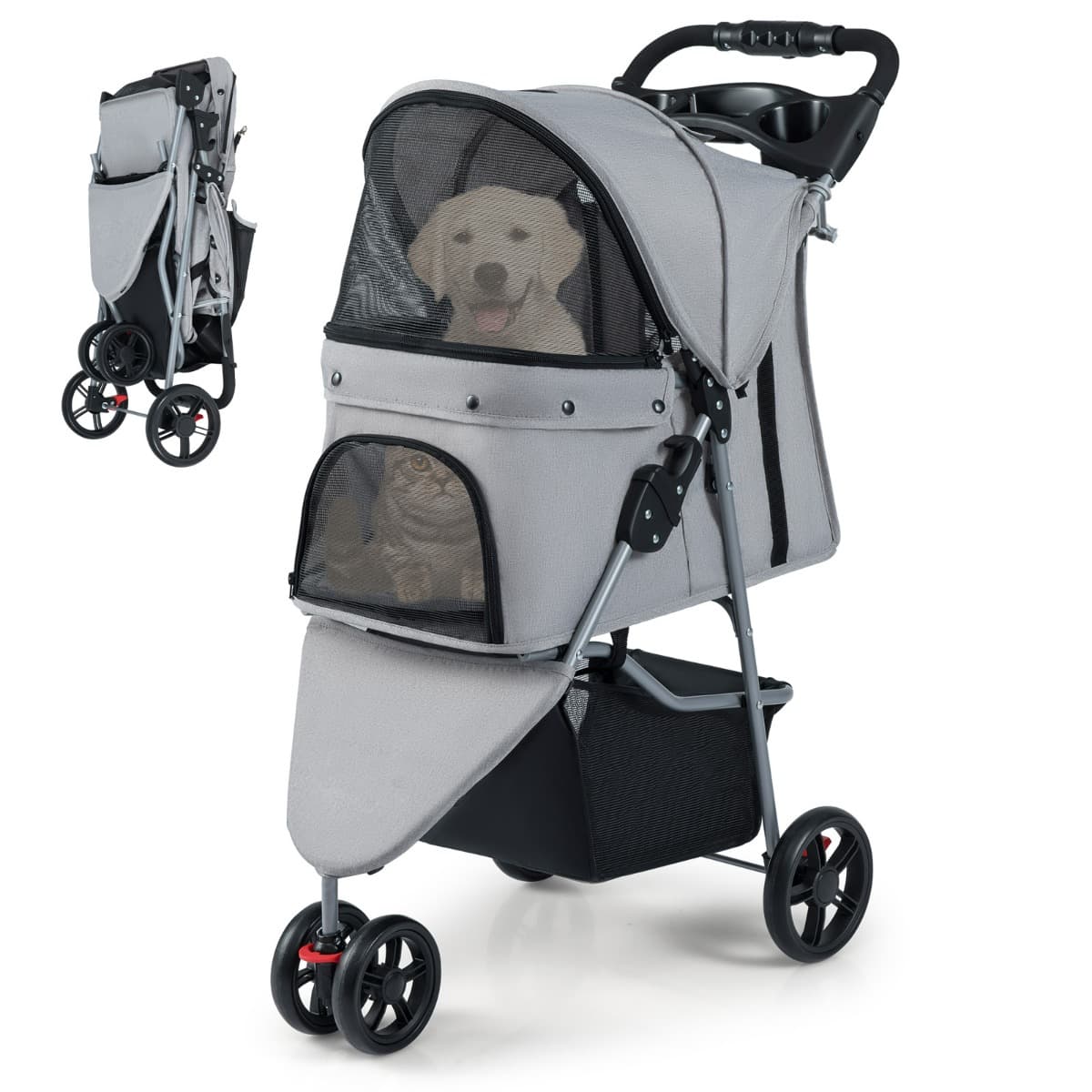 CostwayPoussette pour Animaux Pliable Chariot Léger avec Auvent Réglable Coussin Amovible et Lavable Panier de Rangement Porte-Gobelet 15KG Gris