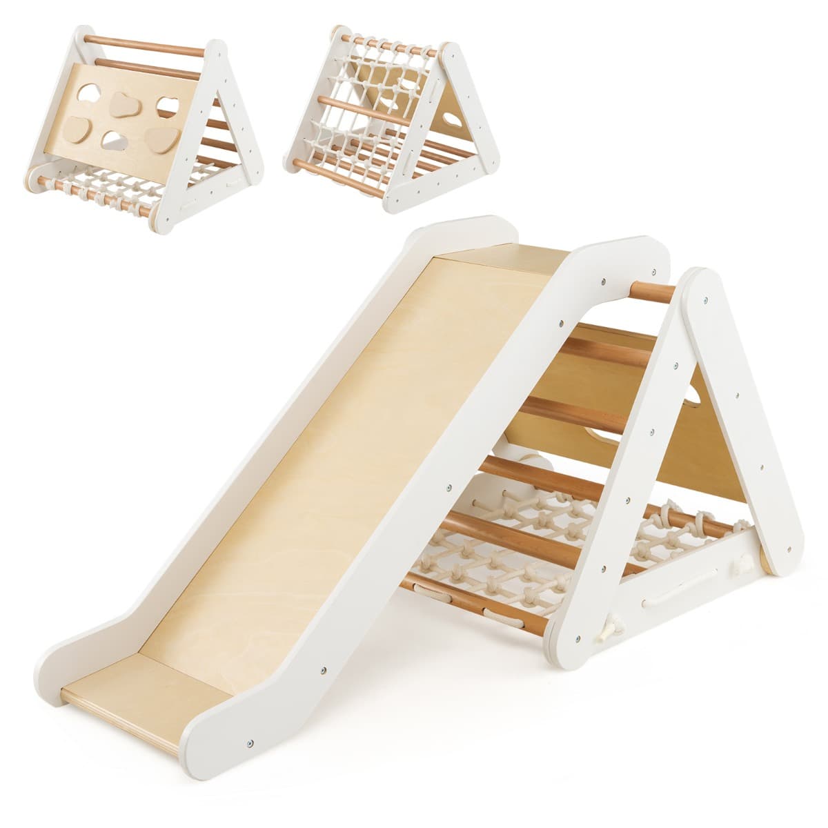 CostwayTriangle d‘’Escalade en Bois pour Bebe 1+ An 4 en 1 Échelle et Planche d'Escalade avec Filet Charge 50KG