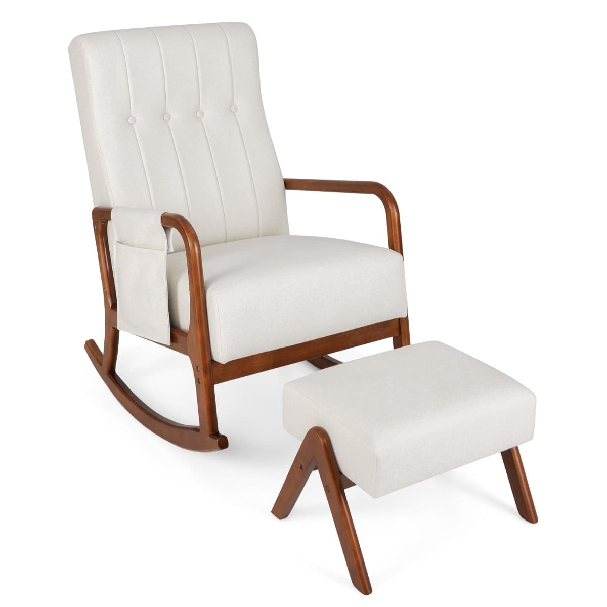 CostwayFauteuil à Bascule avec Pouf Siège Rembourré en Tissu avec Dossier Capitonné Structure en Bois d'Hévéa Naturel Poche Latérale Beige